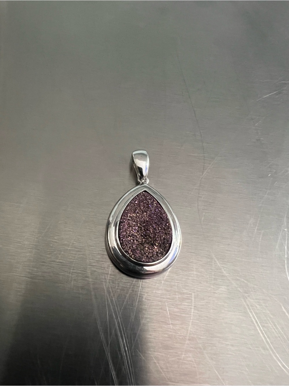 Teardrop Purple Druzy Pendant in Sterling Silver w/Open Clip Bale
